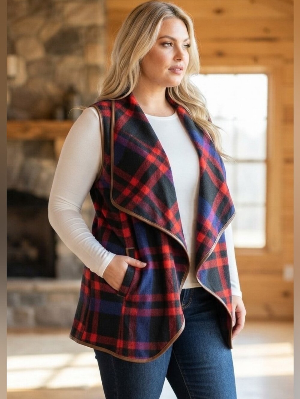 Plus Size 2XL Buffalo Plaid Open Front Vest Red Blue Drape Cardigan GUC